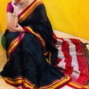 Black & Rani Pink Handloom Saree