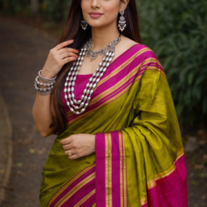 Olive Green & Pink Handloom Saree