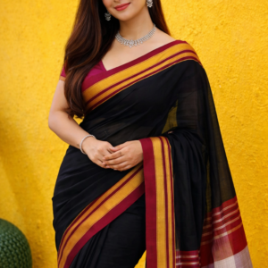 Black & Rani Pink Handloom Saree