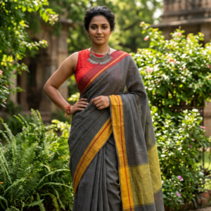 Ash Grey & Mustard Handloom Saree