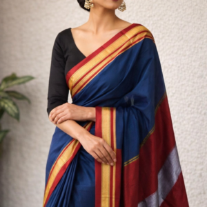 Navy Blue & Red with Handloom Saree Golden Border