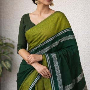 Green Dual Tone Handloom Saree with Silver Zari Border