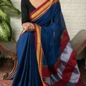 Navy Blue & Red with Handloom Saree Golden Border