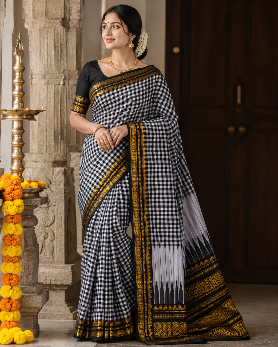 Royal Noir Checks Handloom Saree